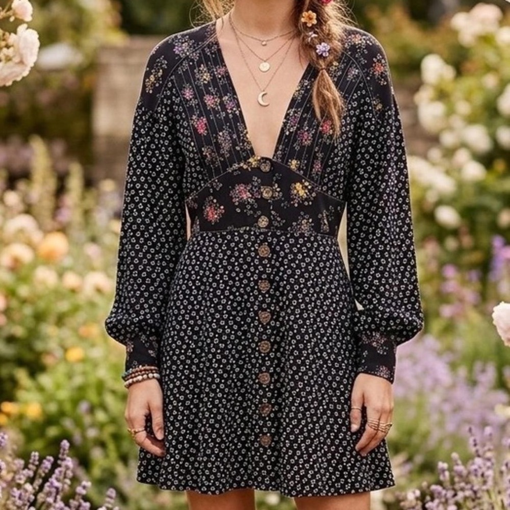 Free People Flower Fields Mini Dress Black Floral 4 Boho Button Front Whimsical